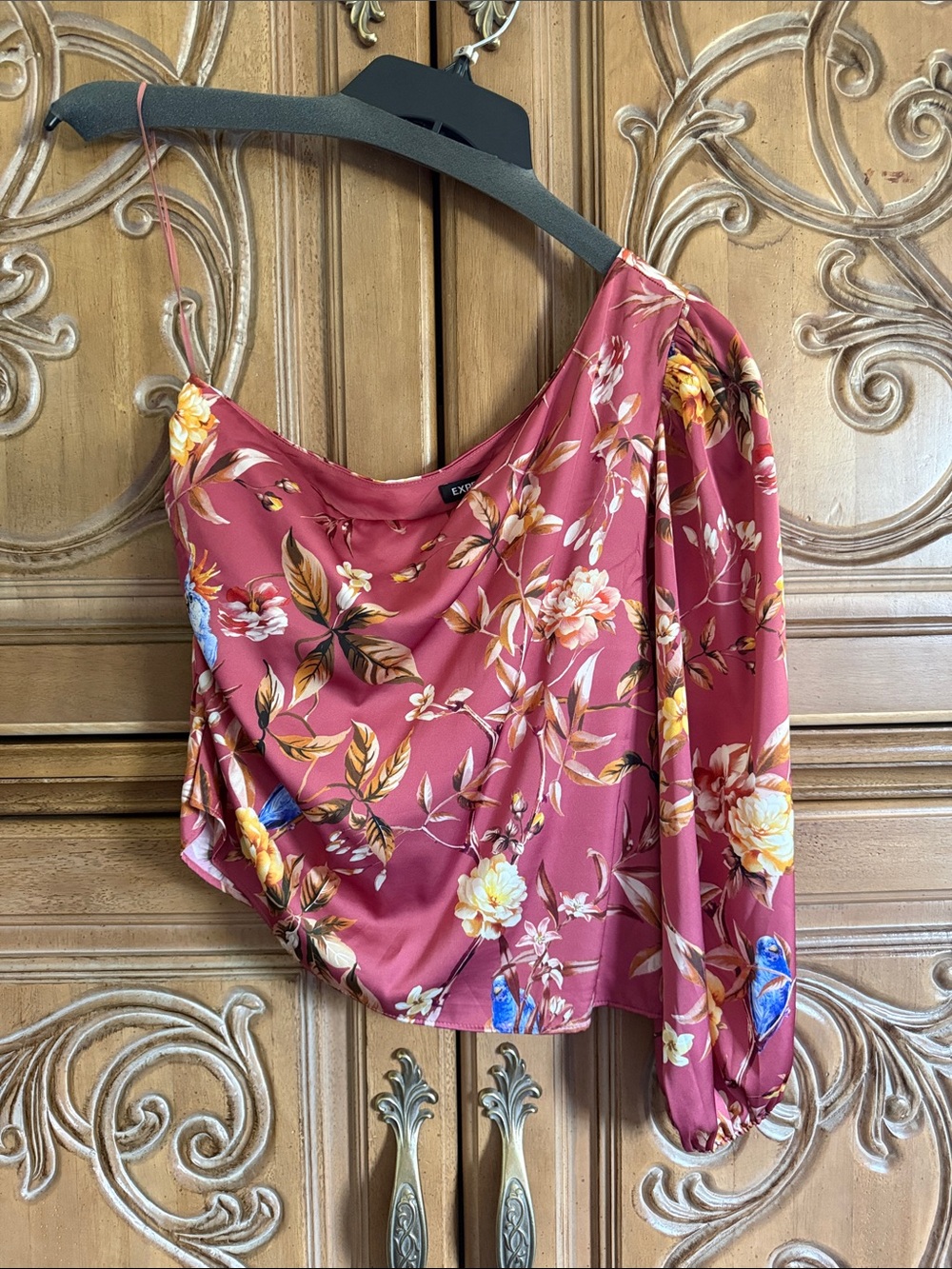 Express One-Shoulder Floral Satin Top - Rose Burgundy with Blue Accents